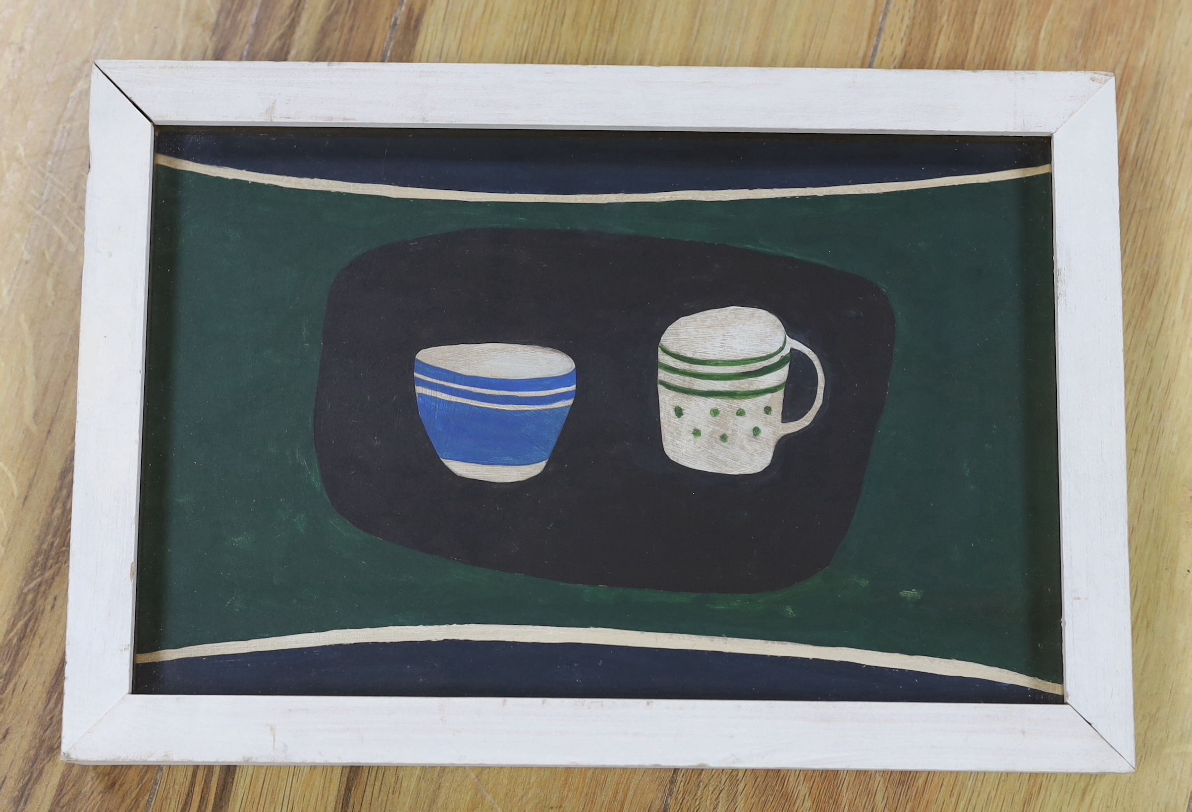 Rachel Nicholson (daughter of Ben Nicholson, b.1934) oil on board, Still life of vessels, signed verso, 28cm x 18cm